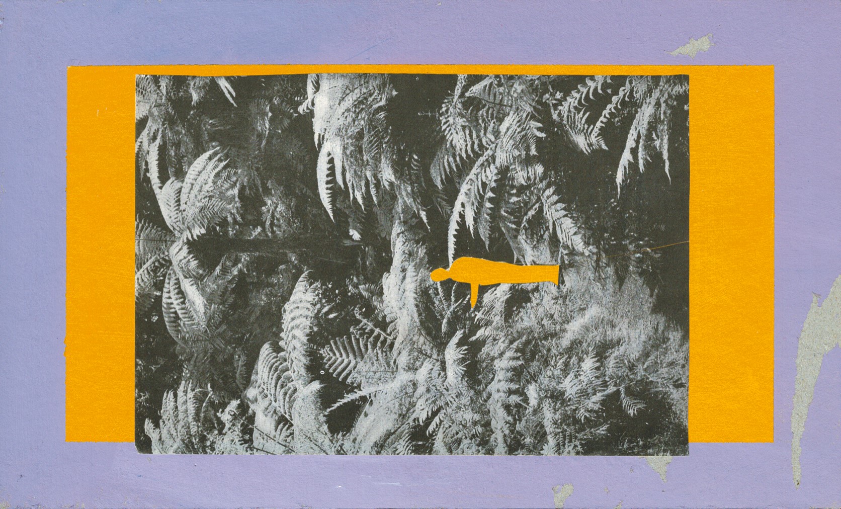 collage on purple and yellow cardboard. A figure is cut out of a forest landscape.